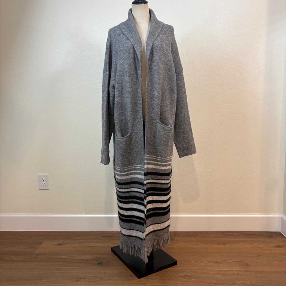 T Tahari Cardigan Women XL Gray Striped Fringe Open Front Maxi Sweater Boho